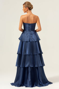 Dark Navy A Line Strapless Tiered Satin Long Prom Dress