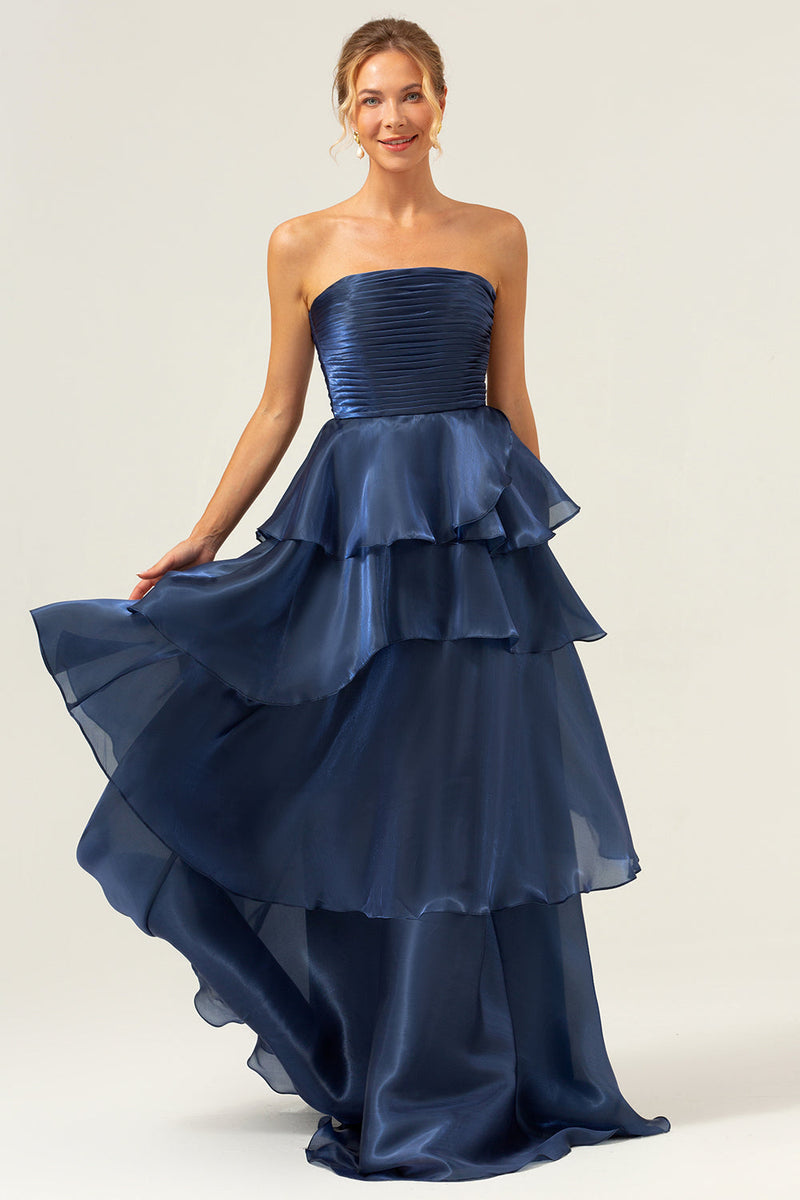 Load image into Gallery viewer, Dark Navy A Line Strapless Tiered Satin Long Prom Dress