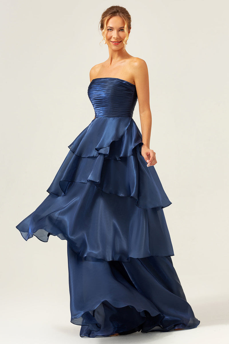 Load image into Gallery viewer, Dark Navy A Line Strapless Tiered Satin Long Prom Dress