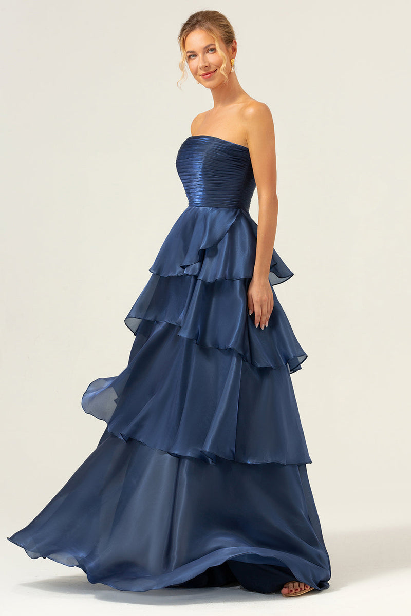 Load image into Gallery viewer, Dark Navy A Line Strapless Tiered Satin Long Prom Dress