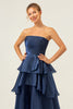 Load image into Gallery viewer, Dark Navy A Line Strapless Tiered Satin Long Prom Dress