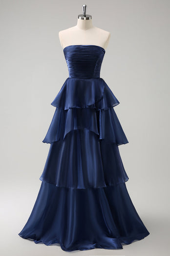 Dark Navy A Line Strapless Tiered Satin Long Prom Dress