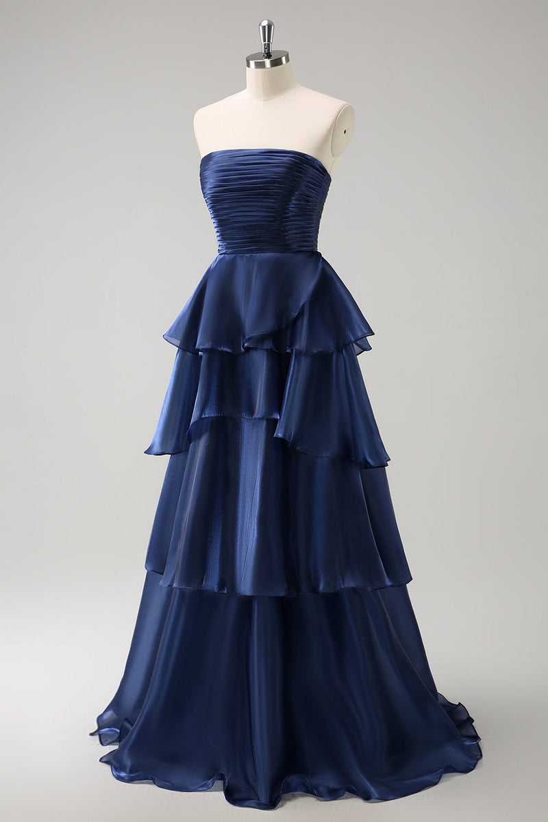 Load image into Gallery viewer, Dark Navy A Line Strapless Tiered Satin Long Bridesmaid Dress