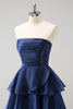 Load image into Gallery viewer, Dark Navy A Line Strapless Tiered Satin Long Bridesmaid Dress