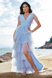 Grey Blue A Line V Neck Tiered Tulle Long Bridesmaid Dress with Slit