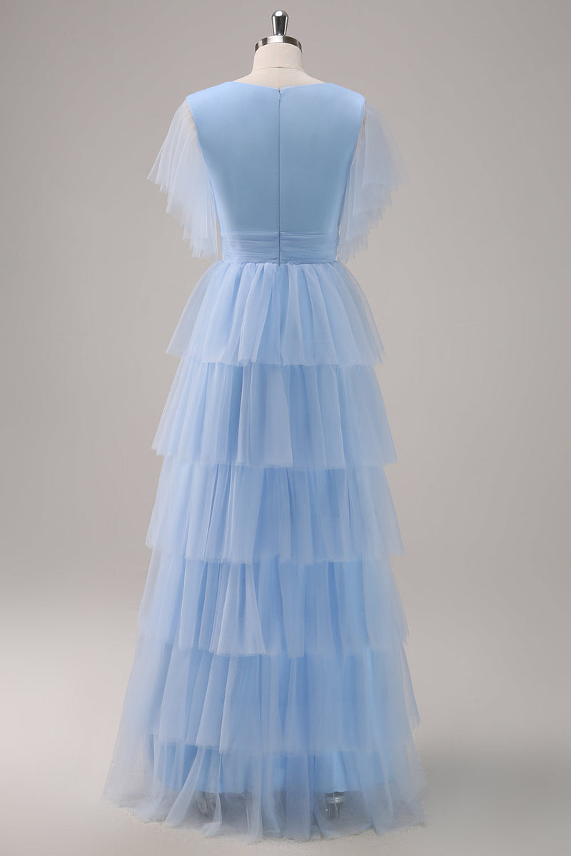 Load image into Gallery viewer, Grey Blue A-Line V Neck Tiered Tulle Long Bridesmaid Dress with Slit