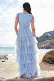 Grey Blue A Line V Neck Tiered Tulle Long Bridesmaid Dress with Slit