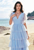 Load image into Gallery viewer, Grey Blue A-Line V Neck Tulle Long Tiered Bridesmaid Dress with Slit