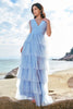 Load image into Gallery viewer, Grey Blue A-Line V Neck Tulle Long Tiered Bridesmaid Dress with Slit