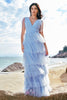 Load image into Gallery viewer, Grey Blue A-Line V Neck Tulle Long Tiered Bridesmaid Dress with Slit