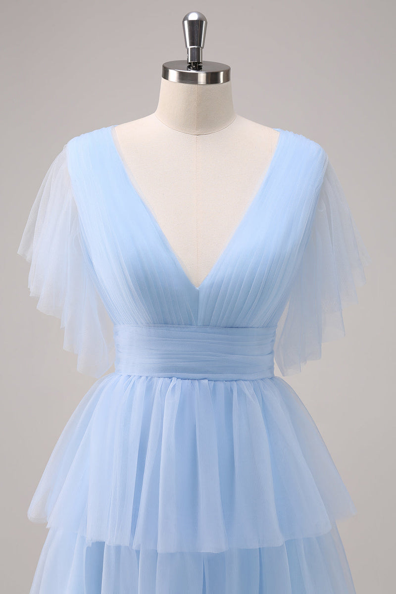 Load image into Gallery viewer, Grey Blue A-Line V Neck Tiered Tulle Long Bridesmaid Dress with Slit