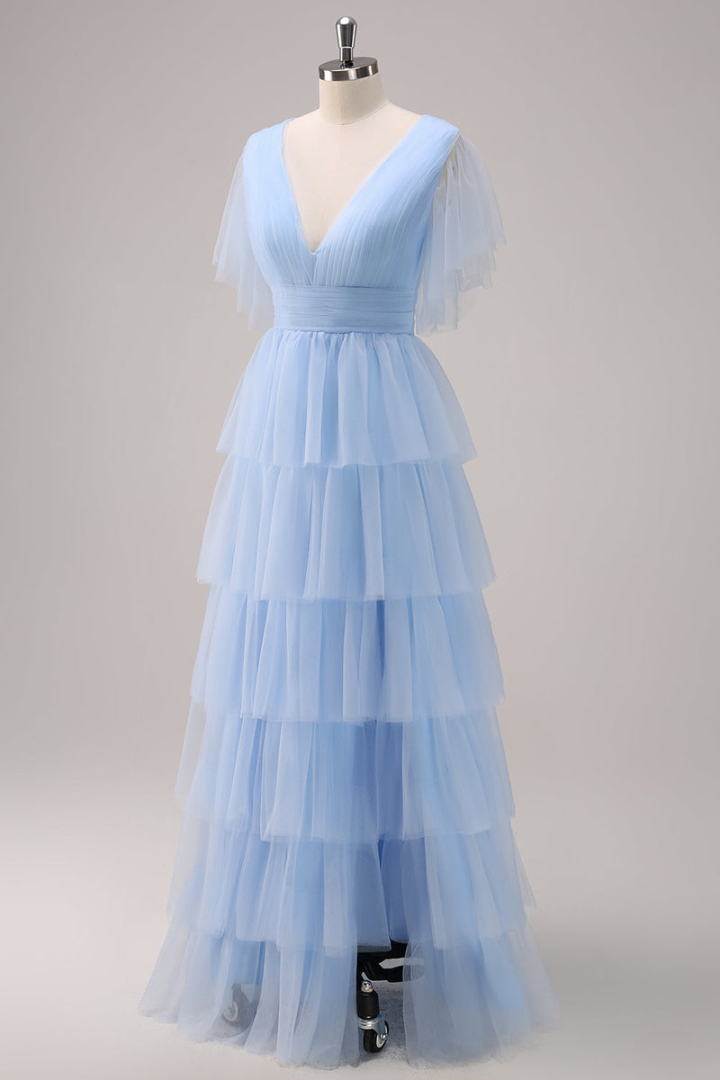 Load image into Gallery viewer, Grey Blue A-Line V Neck Tiered Tulle Long Bridesmaid Dress with Slit