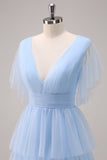 Grey Blue A Line V Neck Tiered Tulle Long Bridesmaid Dress with Slit
