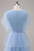 Load image into Gallery viewer, Grey Blue A-Line V Neck Tiered Tulle Long Bridesmaid Dress with Slit