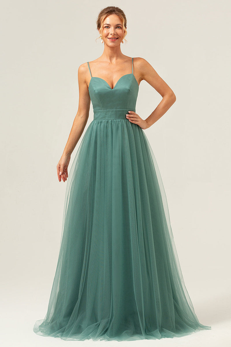 Load image into Gallery viewer, Eucalyptus Spaghetti Straps A-Line Tulle Bridesmaid Dress