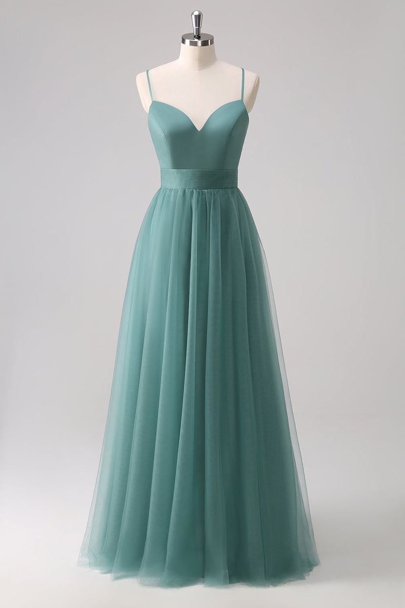 Load image into Gallery viewer, Eucalyptus Spaghetti Straps A-Line Tulle Bridesmaid Dress