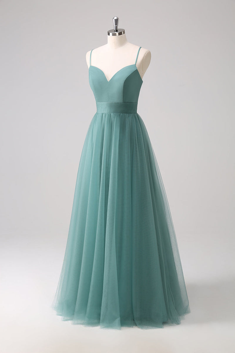 Load image into Gallery viewer, Eucalyptus Spaghetti Straps A-Line Tulle Bridesmaid Dress