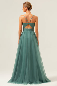 Eucalyptus Spaghetti Straps Tulle A-Line Long Bridesmaid Dress