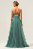 Eucalyptus Spaghetti Straps Tulle A Line Long Bridesmaid Dress