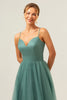 Load image into Gallery viewer, Eucalyptus Spaghetti Straps Tulle A Line Long Bridesmaid Dress