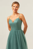 Eucalyptus Spaghetti Straps Tulle A Line Long Bridesmaid Dress