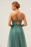 Eucalyptus Spaghetti Straps Tulle A Line Long Bridesmaid Dress