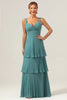 Load image into Gallery viewer, Eucalyptus A-Line Spaghetti Straps Chiffon Pleated Tiered Bridesmaid Dress