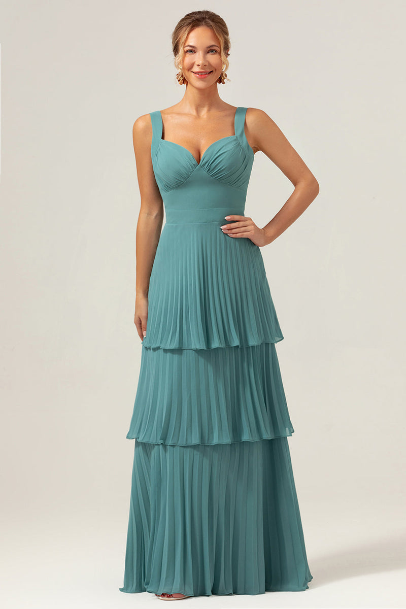 Load image into Gallery viewer, Eucalyptus A-Line Spaghetti Straps Chiffon Pleated Tiered Bridesmaid Dress