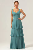Eucalyptus A Line Spaghetti Straps Chiffon Pleated Tiered Bridesmaid Dress