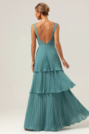 Eucalyptus A-Line Spaghetti Straps Chiffon Pleated Tiered Bridesmaid Dress