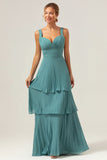 Eucalyptus A Line Spaghetti Straps Chiffon Pleated Tiered Bridesmaid Dress