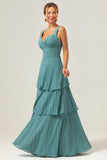 Eucalyptus A Line Spaghetti Straps Chiffon Pleated Tiered Bridesmaid Dress