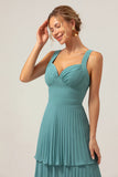 Eucalyptus A Line Spaghetti Straps Chiffon Pleated Tiered Bridesmaid Dress