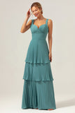 Eucalyptus A Line Spaghetti Straps Chiffon Pleated Tiered Bridesmaid Dress