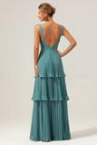 Eucalyptus A Line Spaghetti Straps Chiffon Pleated Tiered Bridesmaid Dress