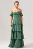 Load image into Gallery viewer, Eucalyptus A-Line Off The Shoulder Ruffled Chiffon Long Bridesmaid Dress