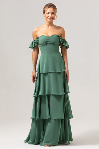 Eucalyptus A-Line Off The Shoulder Ruffled Chiffon Long Bridesmaid Dress