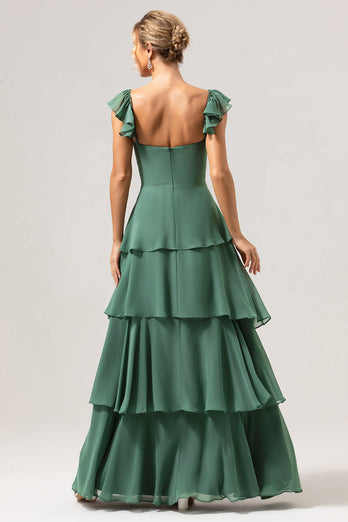 Eucalyptus A-Line Off The Shoulder Ruffled Chiffon Long Bridesmaid Dress