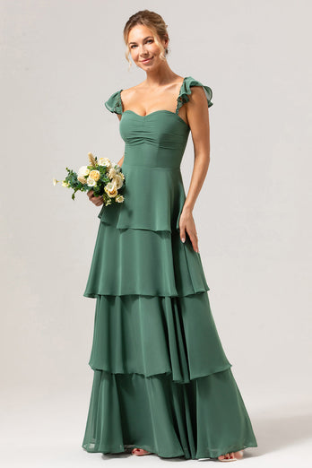 Eucalyptus A-Line Off The Shoulder Ruffled Chiffon Long Bridesmaid Dress