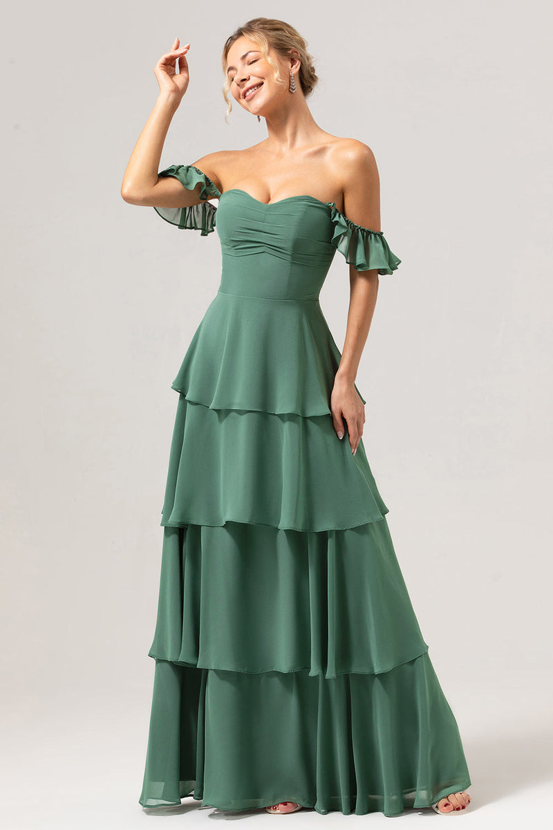 Load image into Gallery viewer, Eucalyptus A-Line Off The Shoulder Ruffled Chiffon Long Bridesmaid Dress