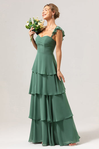 Eucalyptus A-Line Off The Shoulder Ruffled Chiffon Long Bridesmaid Dress