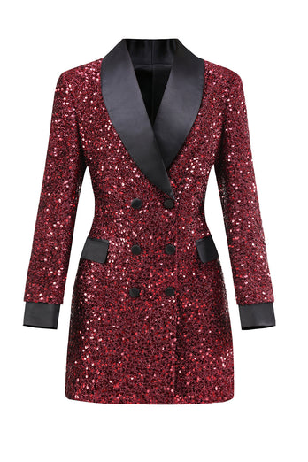 Glitter Burgundy Shawl Lapel Women's Blazer with Sequins