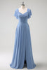 Load image into Gallery viewer, Grey Blue A Line Chiffon Long Bridesmaid Dress with Slit