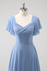 Load image into Gallery viewer, Grey Blue A Line Chiffon Long Bridesmaid Dress with Slit