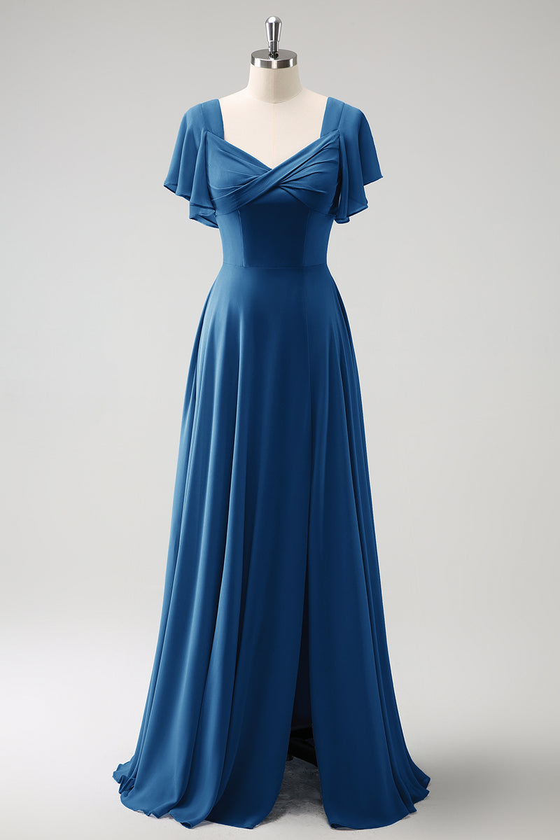 Load image into Gallery viewer, Grey Blue A Line Chiffon Long Bridesmaid Dress with Slit