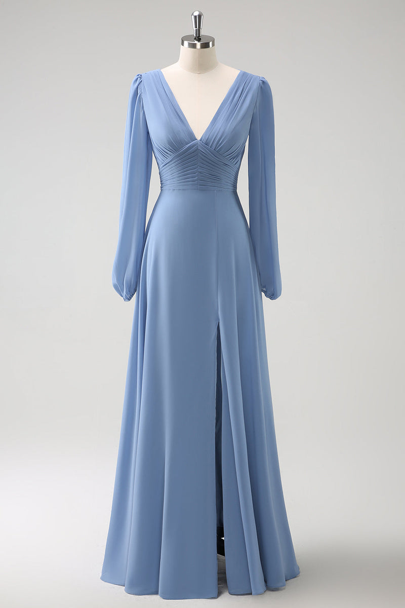 Load image into Gallery viewer, A Line Grey Blue V-Nack Chiffon Bridesmaid Dress with Long Sleeves