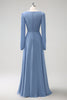 Load image into Gallery viewer, A Line Grey Blue V-Nack Chiffon Bridesmaid Dress with Long Sleeves