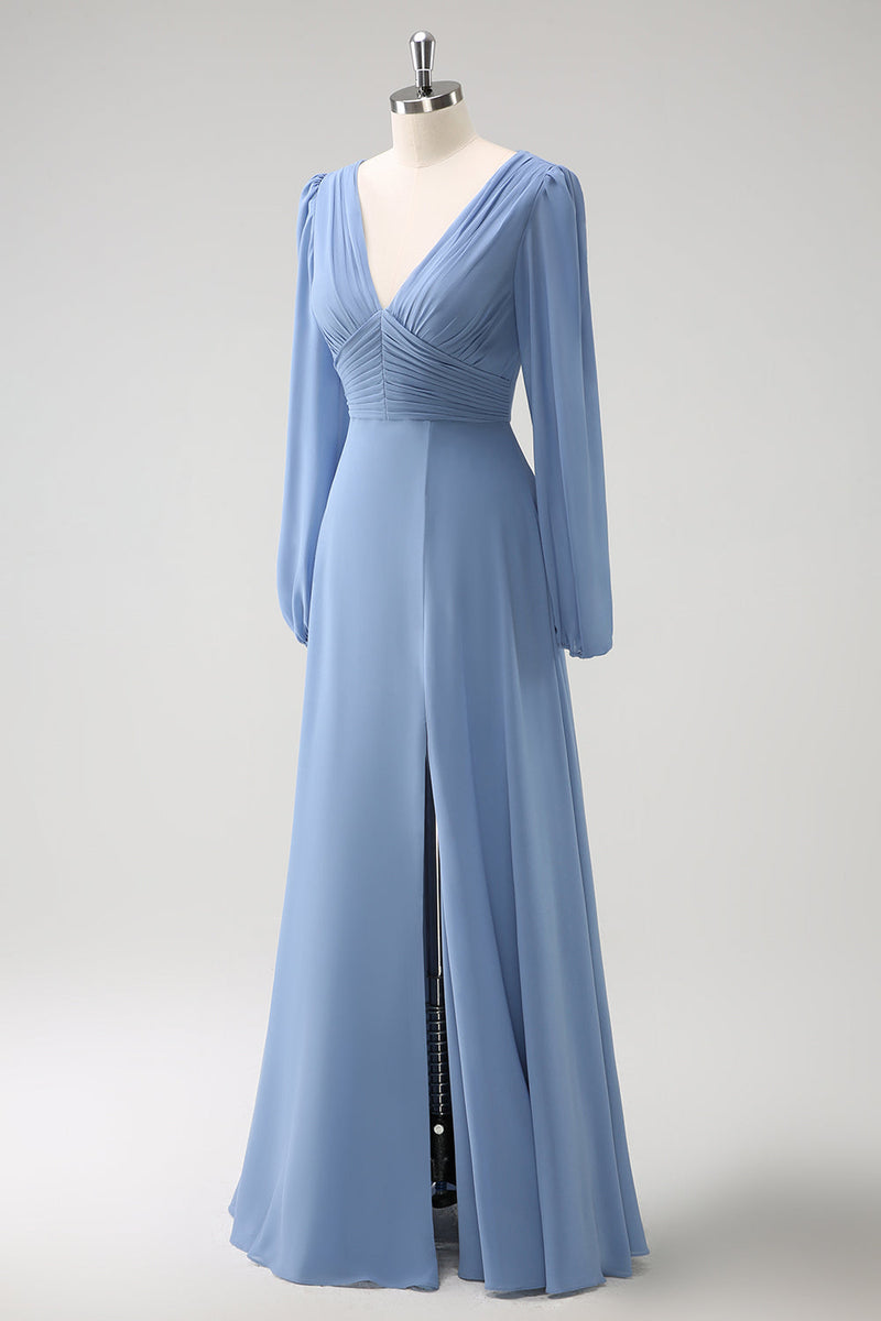 Load image into Gallery viewer, A Line Grey Blue V-Nack Chiffon Bridesmaid Dress with Long Sleeves