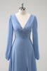 Load image into Gallery viewer, A Line Grey Blue V-Nack Chiffon Bridesmaid Dress with Long Sleeves