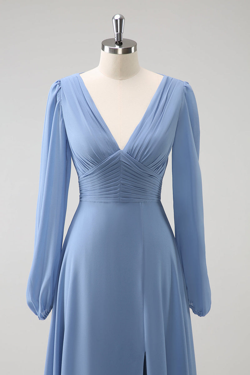 Load image into Gallery viewer, A Line Grey Blue V-Nack Chiffon Bridesmaid Dress with Long Sleeves